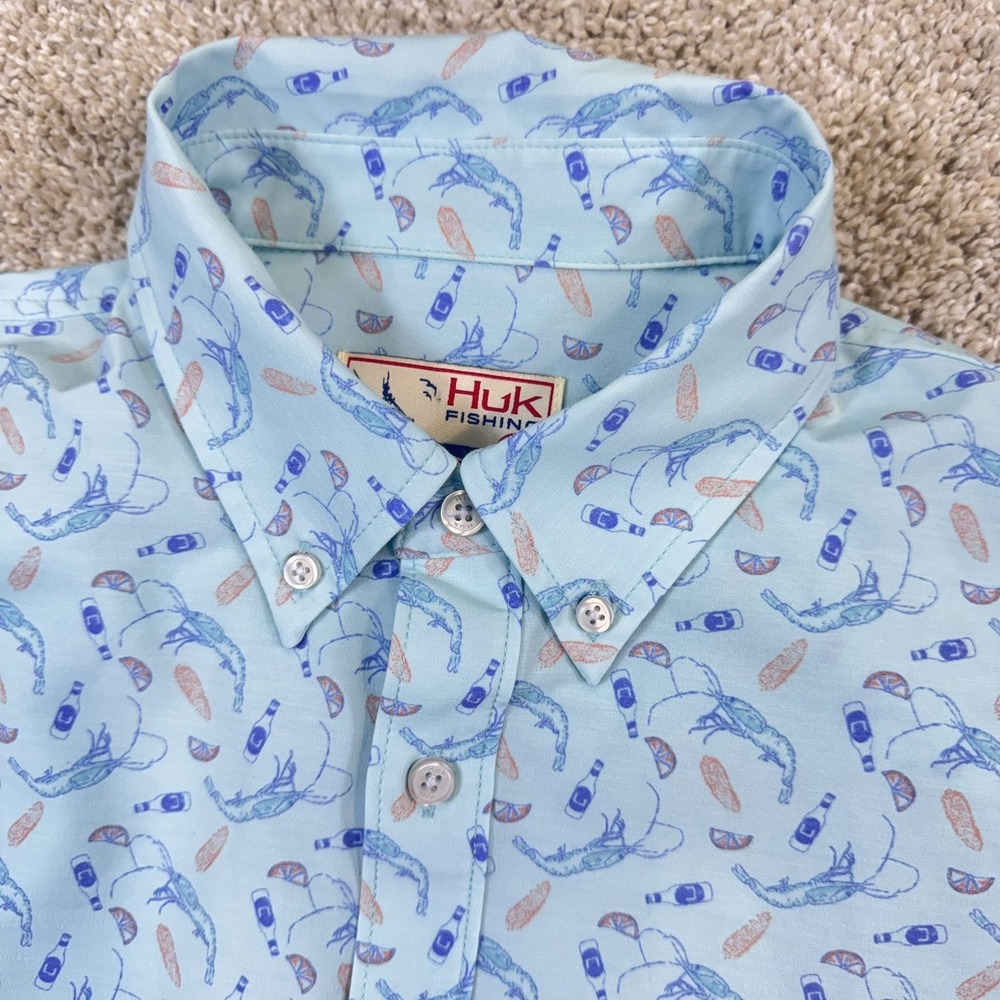 Huk Light Blue Button-Down Shirt with Shrimp & Bottle Print
